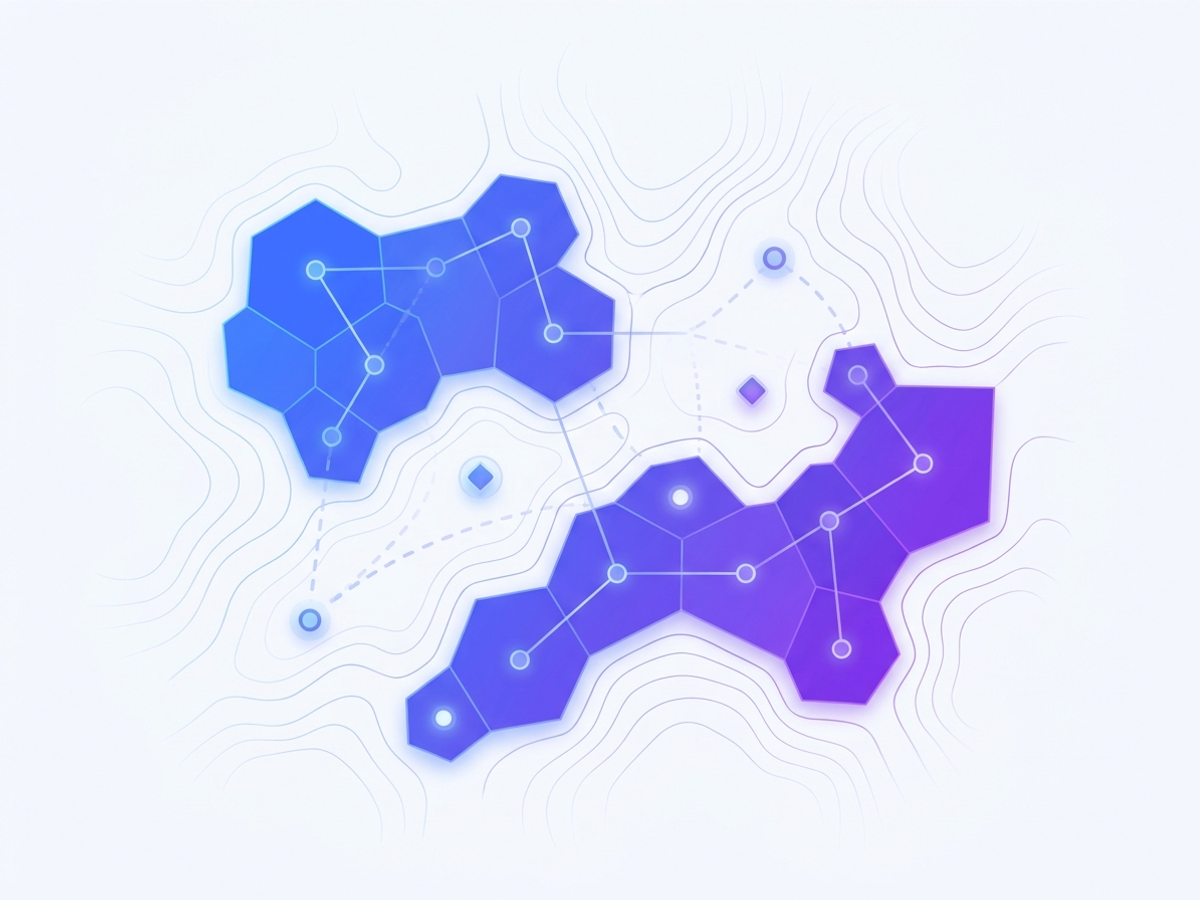 Stylized strategy map with territories and connection nodes in Deriva Tecnologia violet palette.